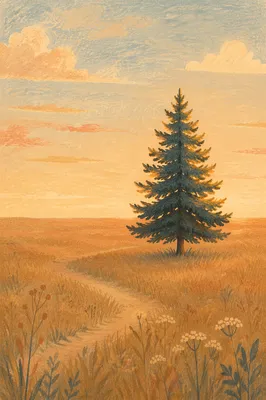 Solitary Evergreen in Golden Hour Field