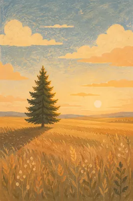 Lone Evergreen in Golden Hour Field