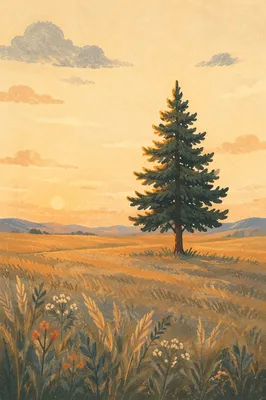 Solitary Evergreen Tree in Golden Field