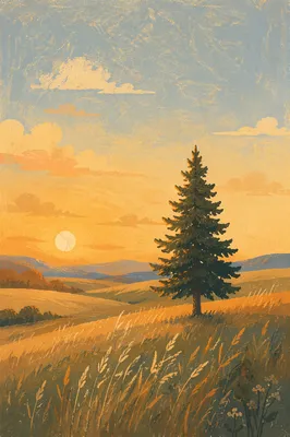 Solitary Evergreen in Golden Hour Field