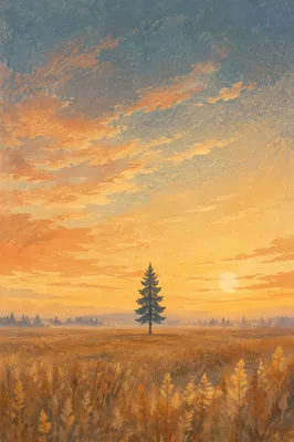 Lone Evergreen Tree at Golden Hour