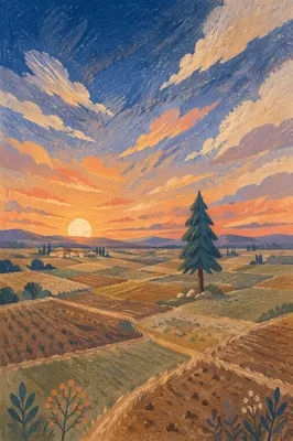 Solitary Evergreen in Golden Hour Field