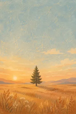 Lone Evergreen in Golden Hour Field