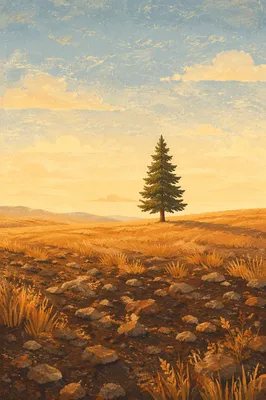Lone Evergreen in Golden Open Field