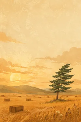 Lone Evergreen in Golden Harvest Field