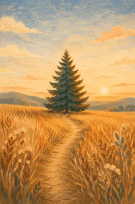 Lone Evergreen Tree in Golden Field