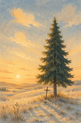 Evergreen Tree and Cross at Golden Hour