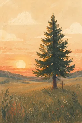 Lone Evergreen Tree at Golden Hour