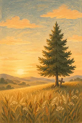 Evergreen Tree and Cross at Golden Hour