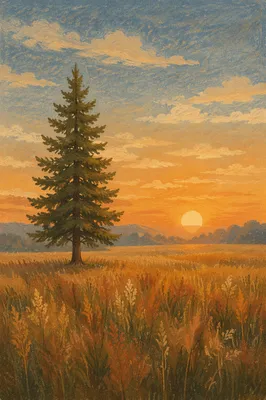 Solitary Evergreen in Golden Hour Field