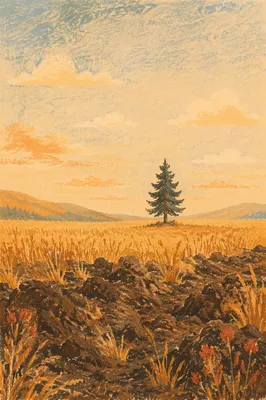 Lone Evergreen in Golden Hour Field