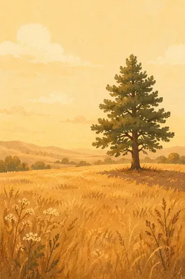 Solitary Evergreen Tree in Golden Field