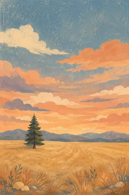 Solitary Evergreen in Golden Hour Field