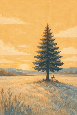 Solitary Evergreen with Cross at Golden Hour