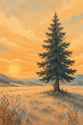 Lone Evergreen Tree at Golden Hour