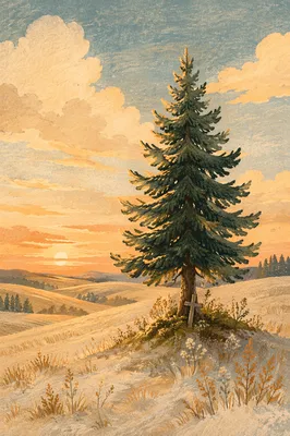 Lone Evergreen Tree at Golden Hour