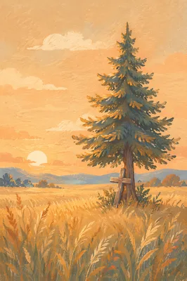 Solitary Evergreen Cross in Golden Field