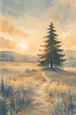 Evergreen Tree in Golden Winter Field