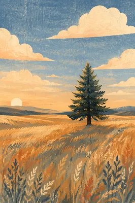 Lone Evergreen in Golden Hour Field