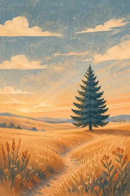 Solitary Evergreen Tree in Golden Field