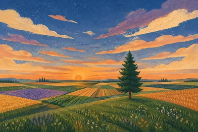 Lone Evergreen Tree in Golden Farmland