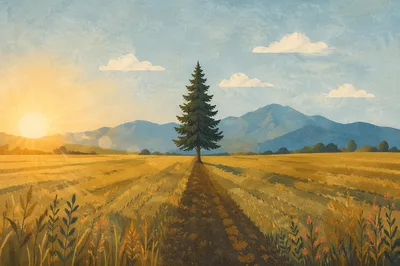 Solitary Evergreen Field at Golden Hour