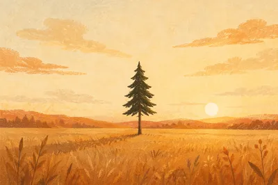 Solitary Evergreen in Golden Hour Field