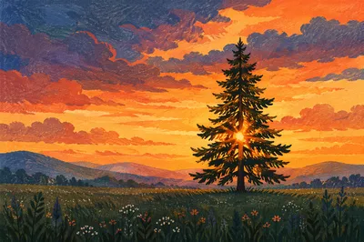 Lone Evergreen Tree at Golden Hour
