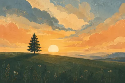 Solitary Evergreen Field at Golden Hour