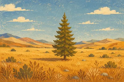 Solitary Evergreen in Golden Hour Field