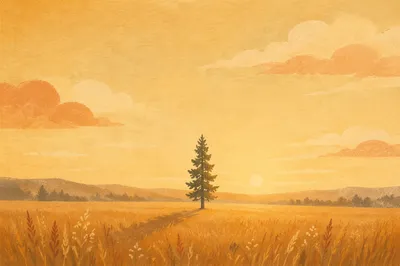 Lone Evergreen Meadow at Golden Hour