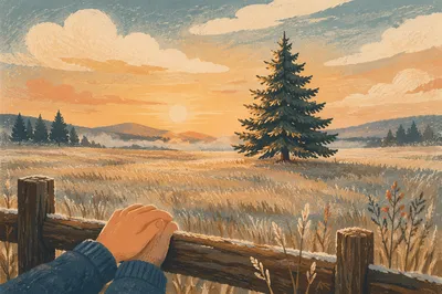 Evergreen Tree in Golden Hour Meadow
