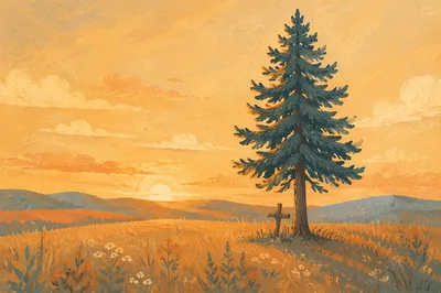Lone Evergreen Tree at Golden Hour