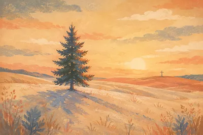 Lone Evergreen Tree at Golden Hour
