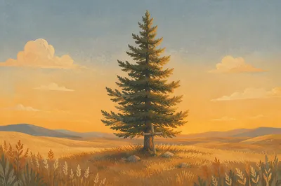 Lone Evergreen Cross at Golden Hour