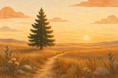 Lone Evergreen in Golden Hour Field