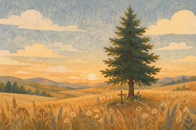 Evergreen Tree and Cross at Golden Hour