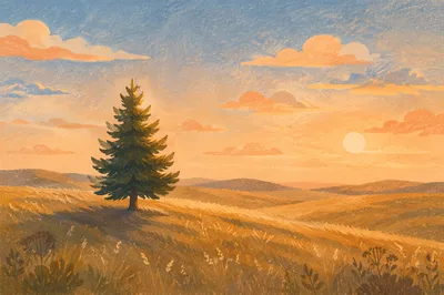 Lone Evergreen in Golden Hour Field