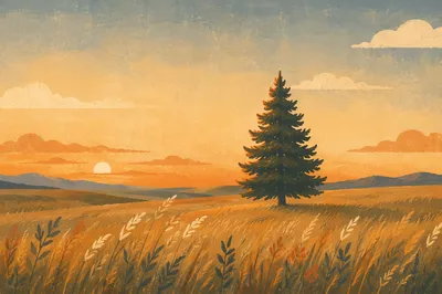 Solitary Evergreen in Golden Hour Field