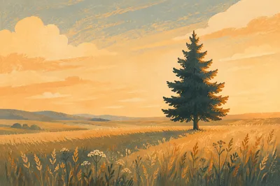 Lone Evergreen in Golden Meadow Light