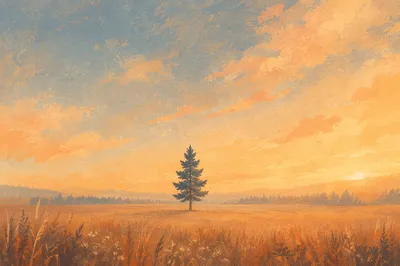 Lone Evergreen in Golden Hour Field