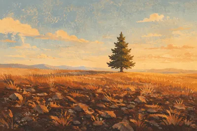 Lone Evergreen in Golden Open Field