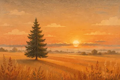 Solitary Evergreen in Golden Hour Field