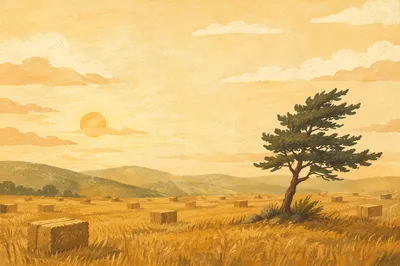 Lone Evergreen in Golden Harvest Field