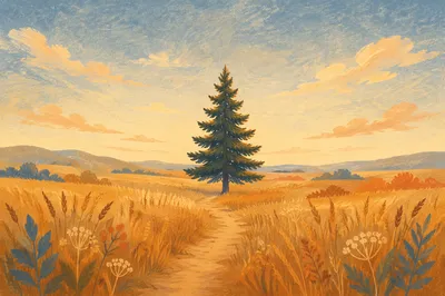 Lone Evergreen Tree at Golden Hour