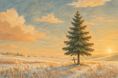 Lone Evergreen in Golden Winter Field