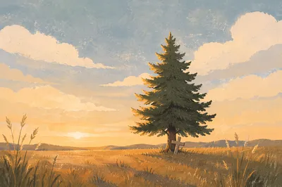 Lone Evergreen Tree at Golden Hour