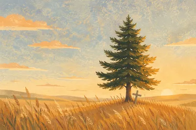 Solitary Evergreen Cross at Golden Hour
