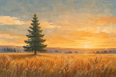 Lone Evergreen Tree at Golden Hour