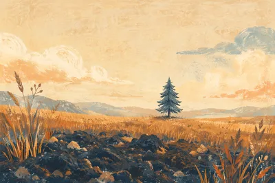 Lone Evergreen Tree in Golden Field
